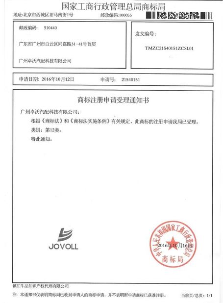 Chiny Guangzhou Jovoll Auto Parts Technology Co., Ltd. Certyfikaty